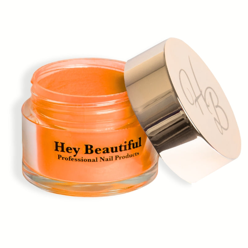 Jar of Bright Light Orange Acrylic Powder with Hey Beautiful’s iconic champagne-colored logo on the cap, emphasizing its bright and vibrant color.