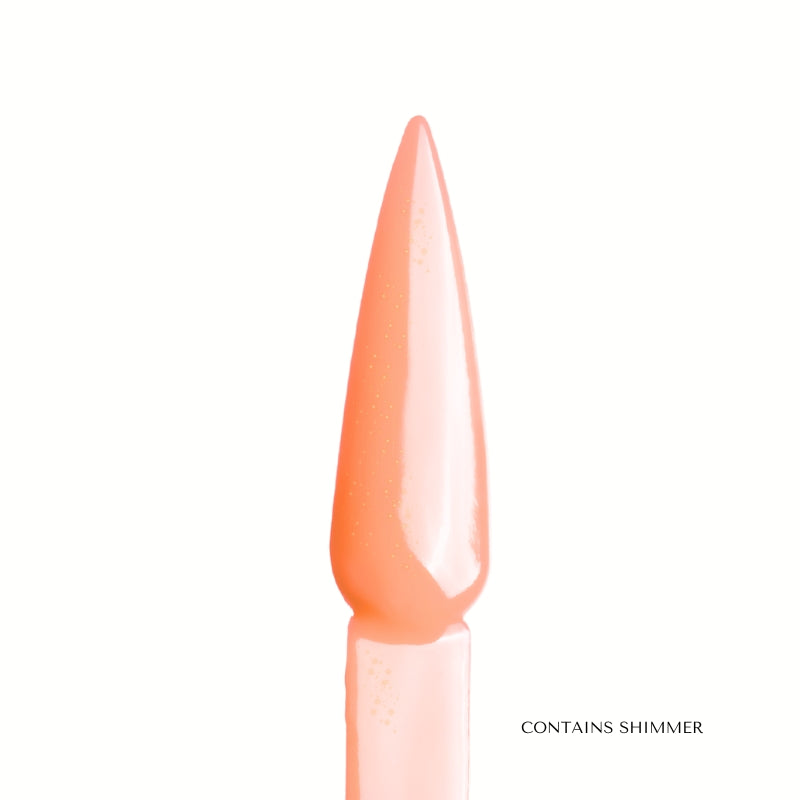 Swatch of Call Me Acrylic Powder applied to a nail tip, showing its vibrant light orange color with a beautiful shimmer.

