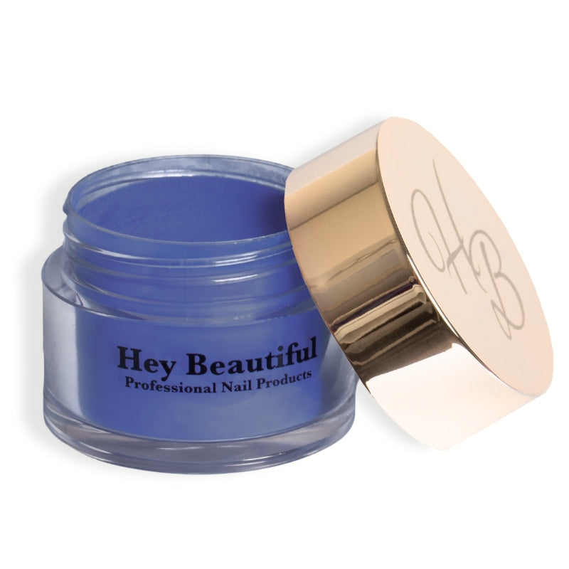 Jar of Midnight Chic Acrylic Powder with Hey Beautiful’s iconic champagne-colored logo on the cap, highlighting the sleek, elegant packaging.