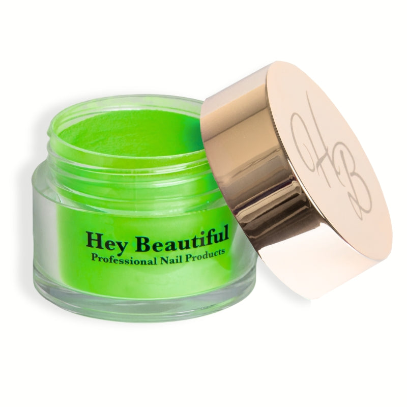 Jar of Neon Green Acrylic Powder with Hey Beautiful’s iconic champagne-colored logo on the cap, showcasing the product’s vibrant packaging.