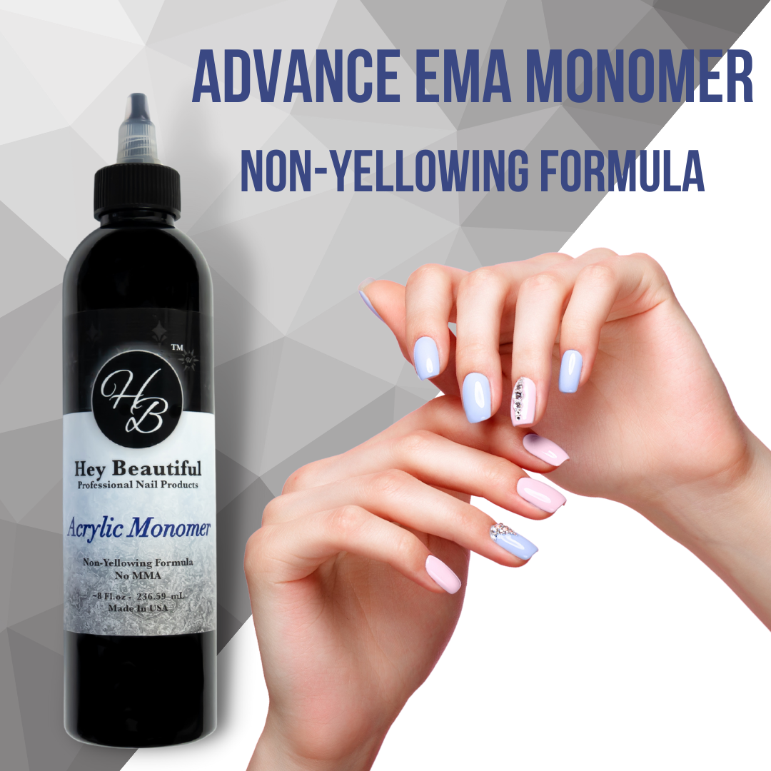 EMA Monomer For Nails | Hey Beautiful Professional Nail Products | High Quality | HB Liquid Monomer is available in 7 different sizes: 2 oz, 4 oz, 8 oz, 16 oz, 32 oz, 40fl oz, and 1 gallon.