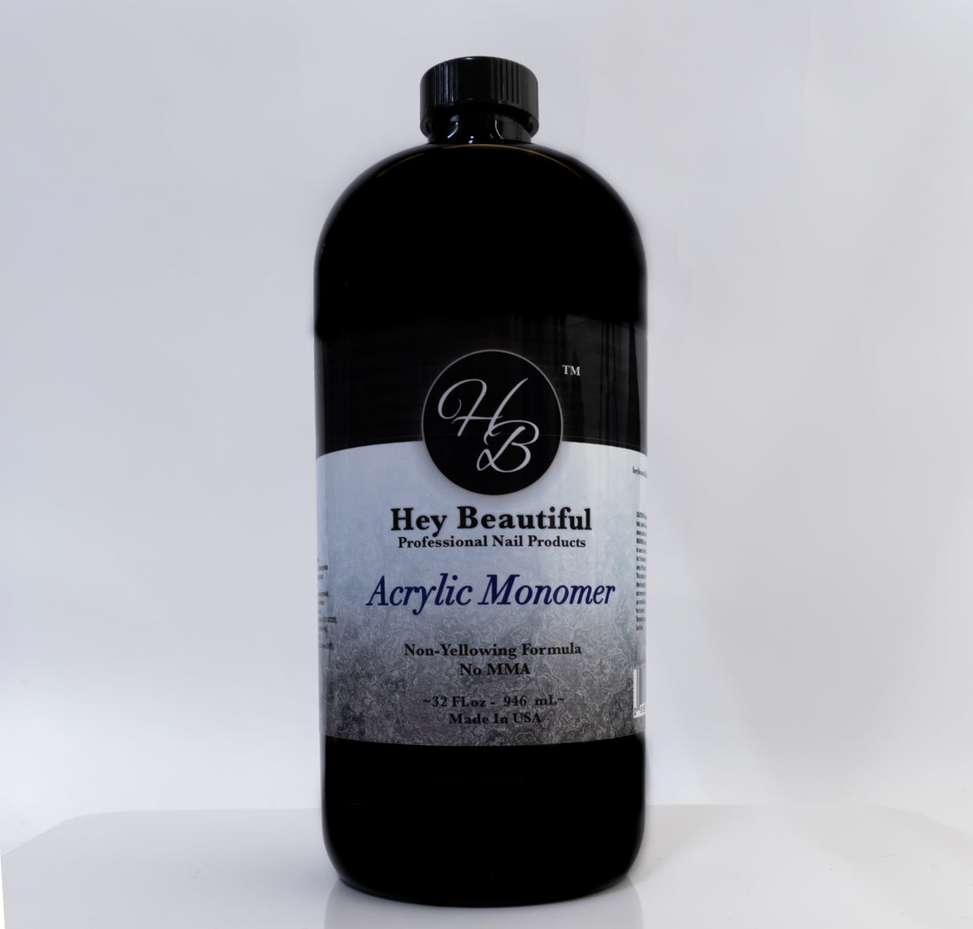 EMA Monomer For Nails | Hey Beautiful Professional Nail Products | High Quality | HB Liquid Monomer is available in 7 different sizes: 2 oz, 4 oz, 8 oz, 16 oz, 32 oz, 40fl oz, and 1 gallon.